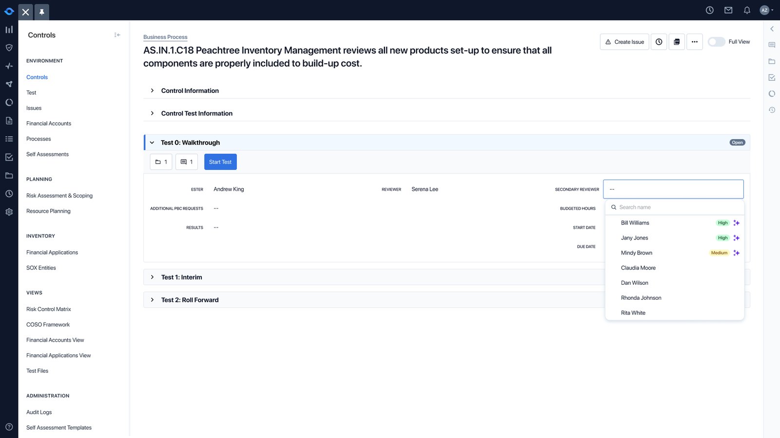 A control test with the reviewer dropdown open, showing suggested reviewers.