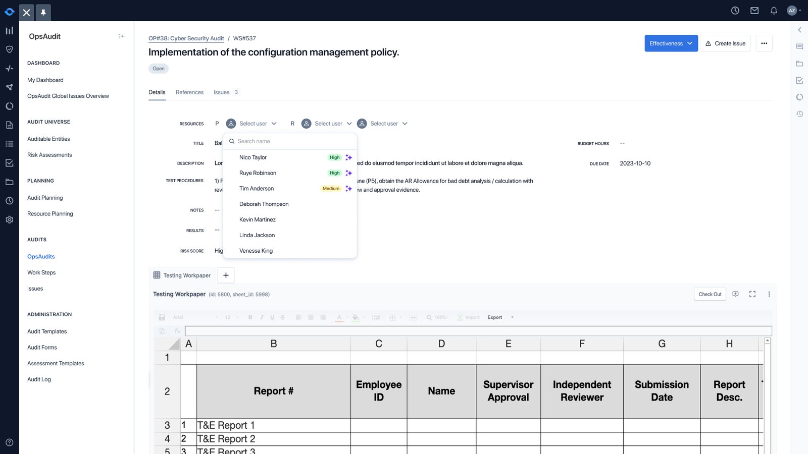 A work step with the preparer dropdown open, showing suggested people with match levels.