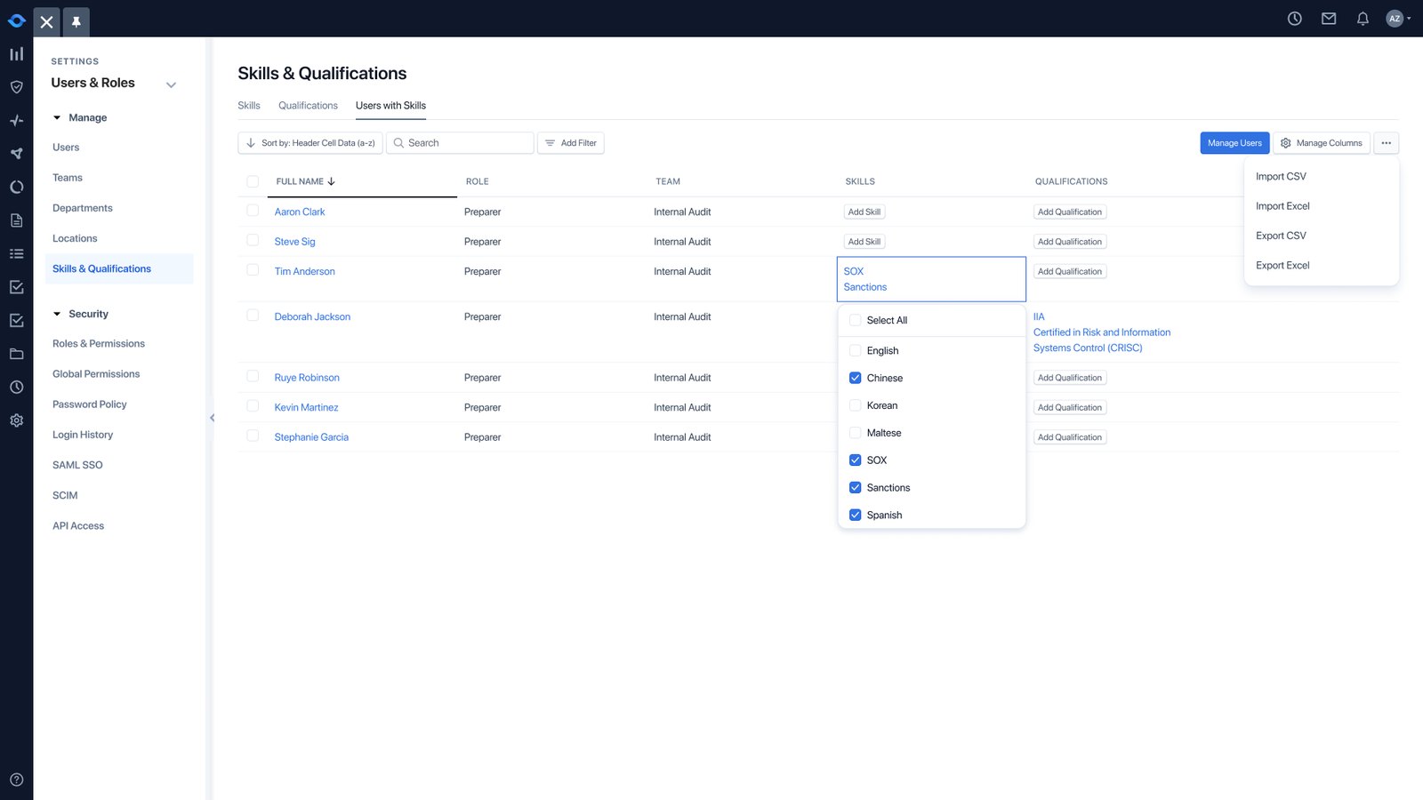 The Users with Skills table in settings, with skills and qualifications columns and an export menu.